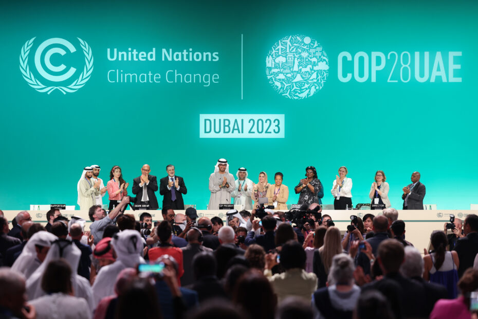 DECEMBER 13: H.E. Dr. Sultan Al Jaber, COP28 President and other participants onstage during the Closing Plenary at the UN Climate Change Conference COP28 at Expo City Dubai on December 13, 2023, in Dubai, United Arab Emirates. (Photo by COP28 / Christopher Pike)